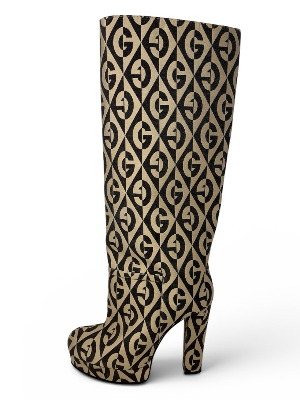 Gucci Rhombus GG Logo Monogram Knee High Tall Platform Boots Heels Brown 38.5